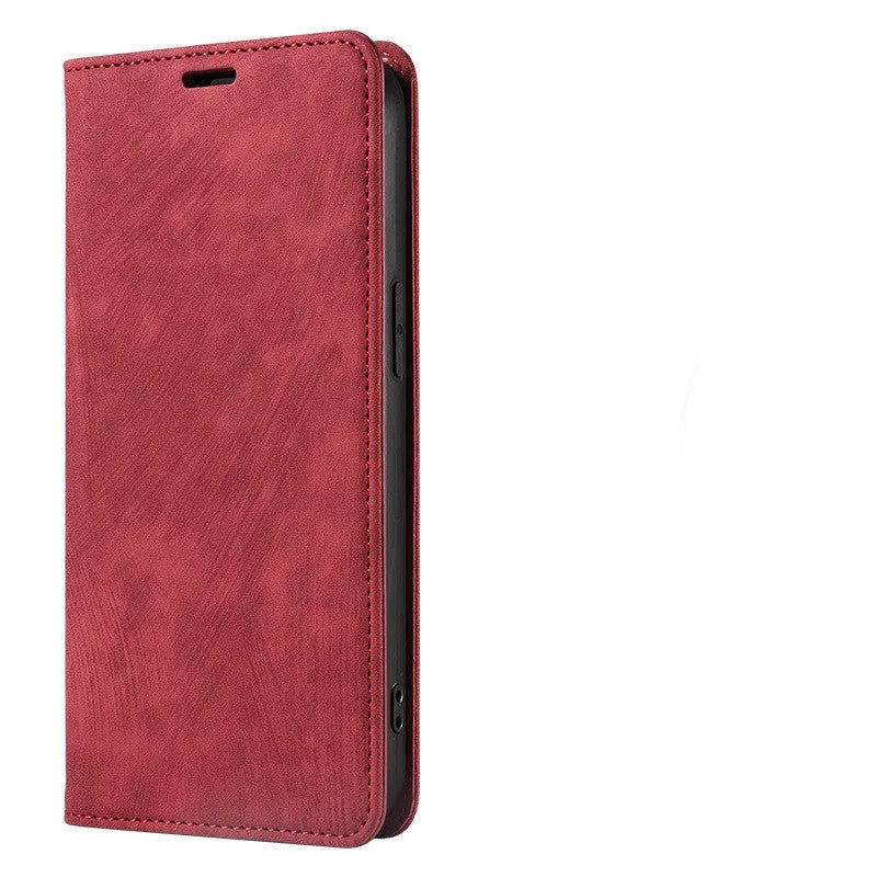 Magnetic flip phone case in leather and TPU for iPhone, shown in grey colour.