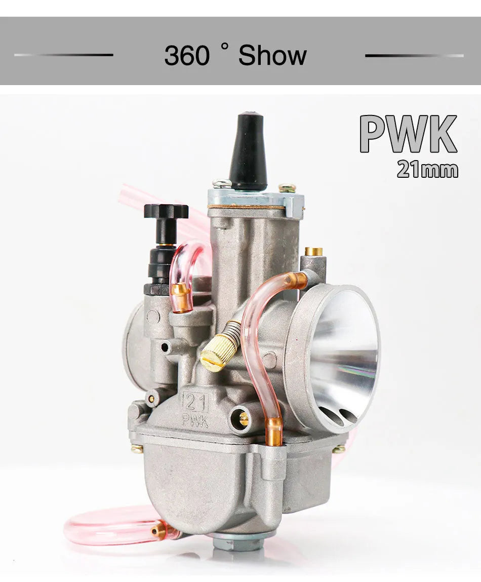 Sandblasted PWK motorcycle carburetor kit with sizes from 21mm to 34mm for engine modification.