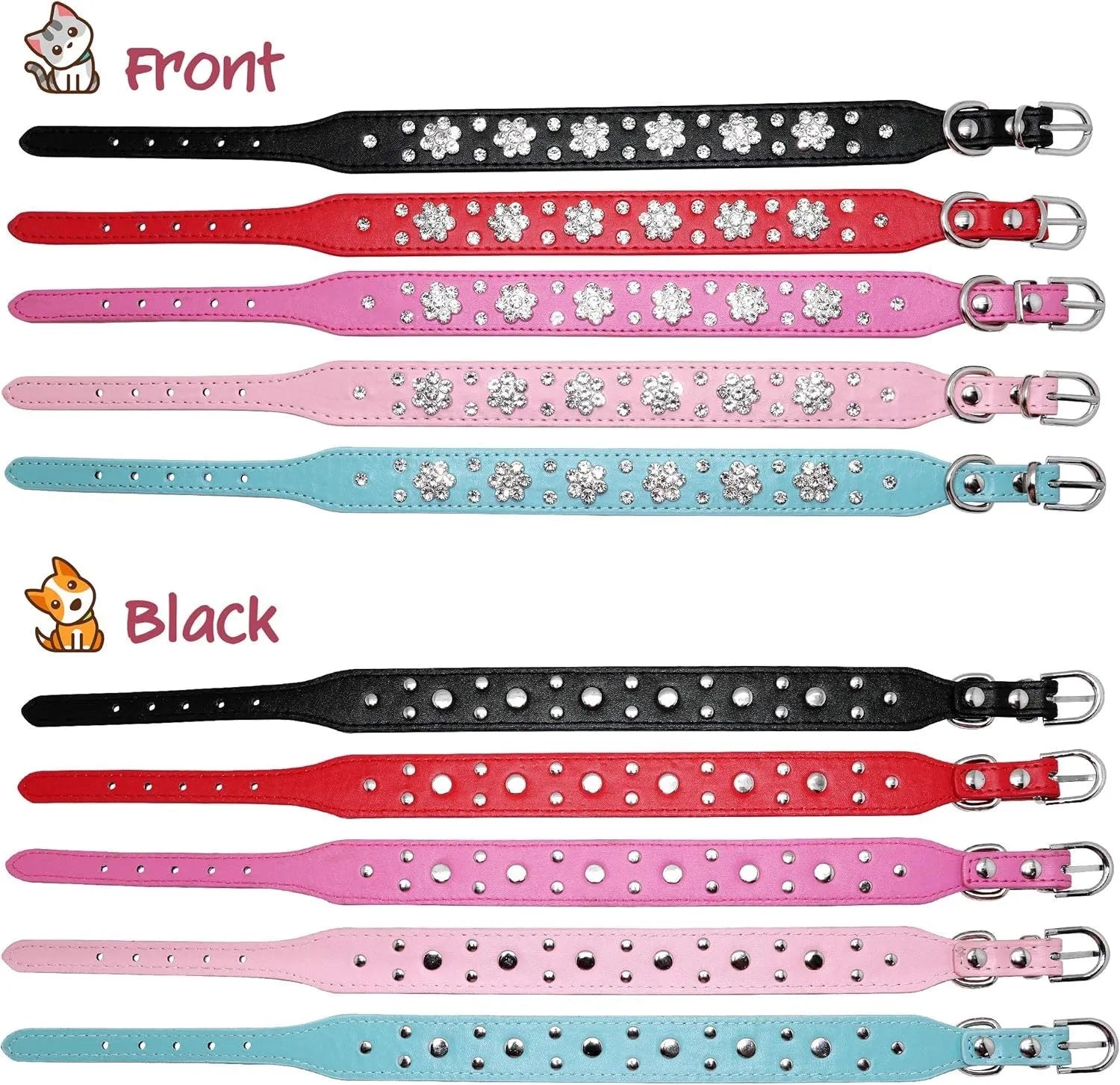 Decorative dog collar made of black PU leather with a pattern of rhinestone flowers and studs, showing the metal D-ring.