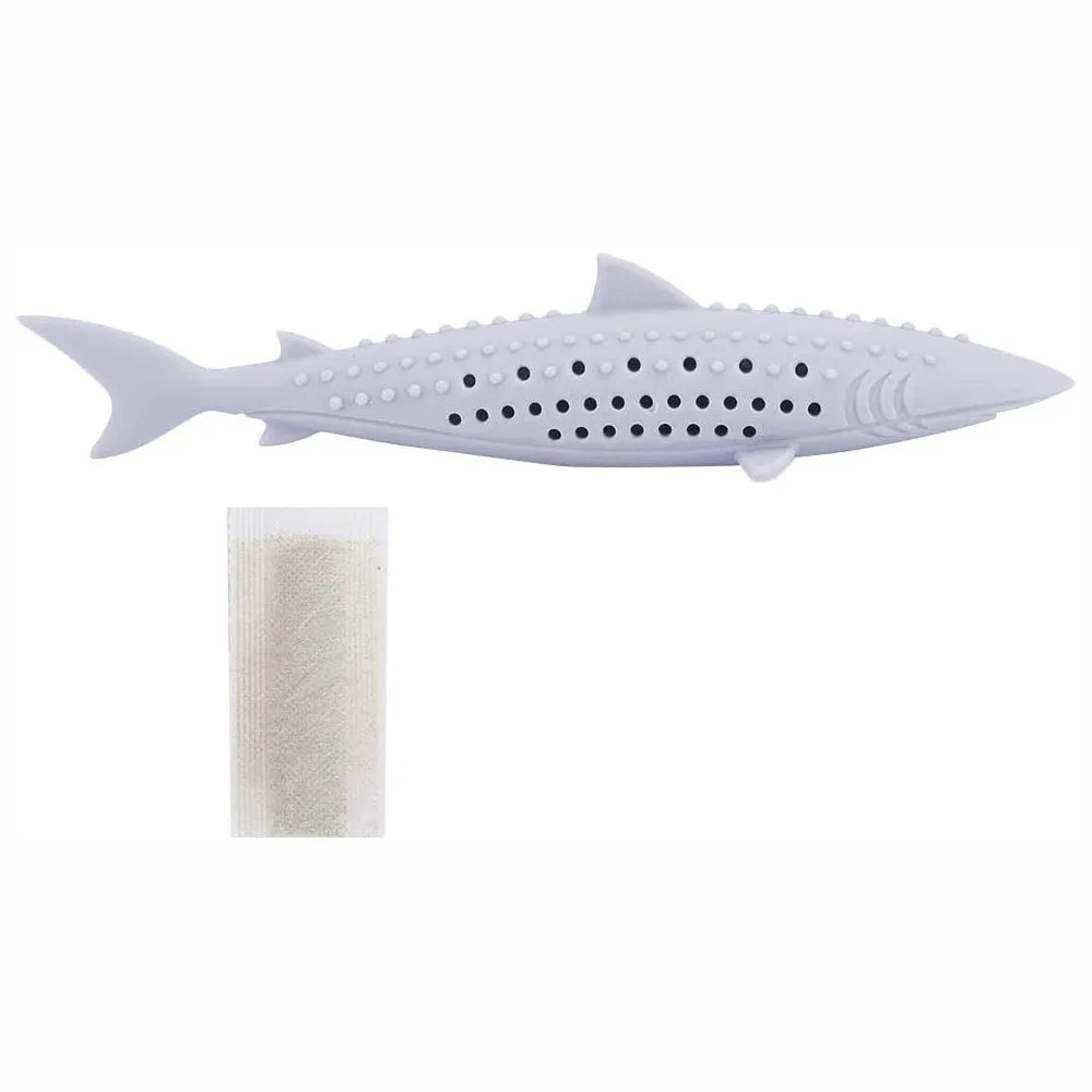 Green silicone fish-shaped chew toy for cats on a white background