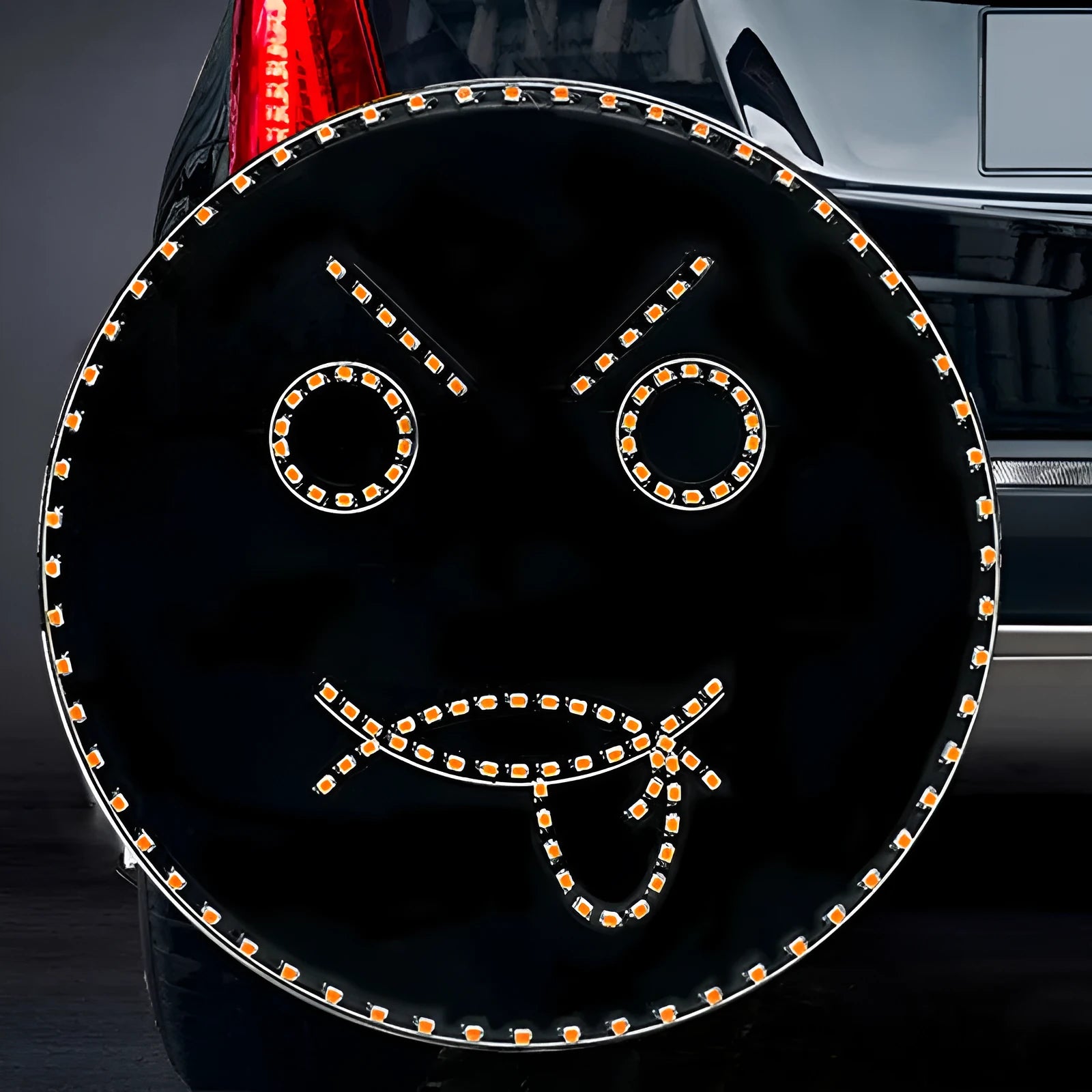 Black car rear window LED expression light showing orange smiley face display with remote control