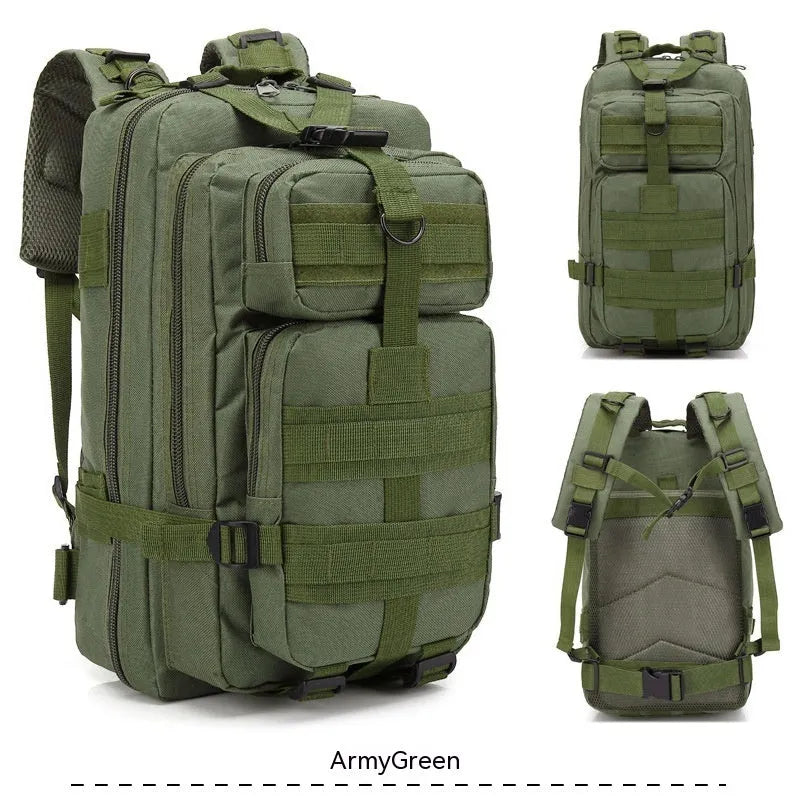 Large khaki hiking backpack with air pillow belt system shown for off-road use.