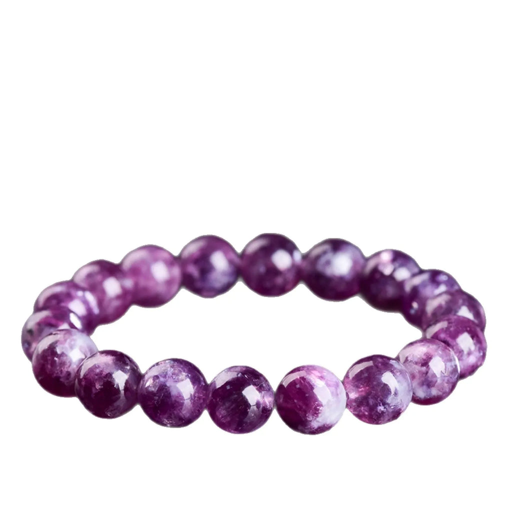Purple geometric crystal bracelet with polished beads, shown in different size options.