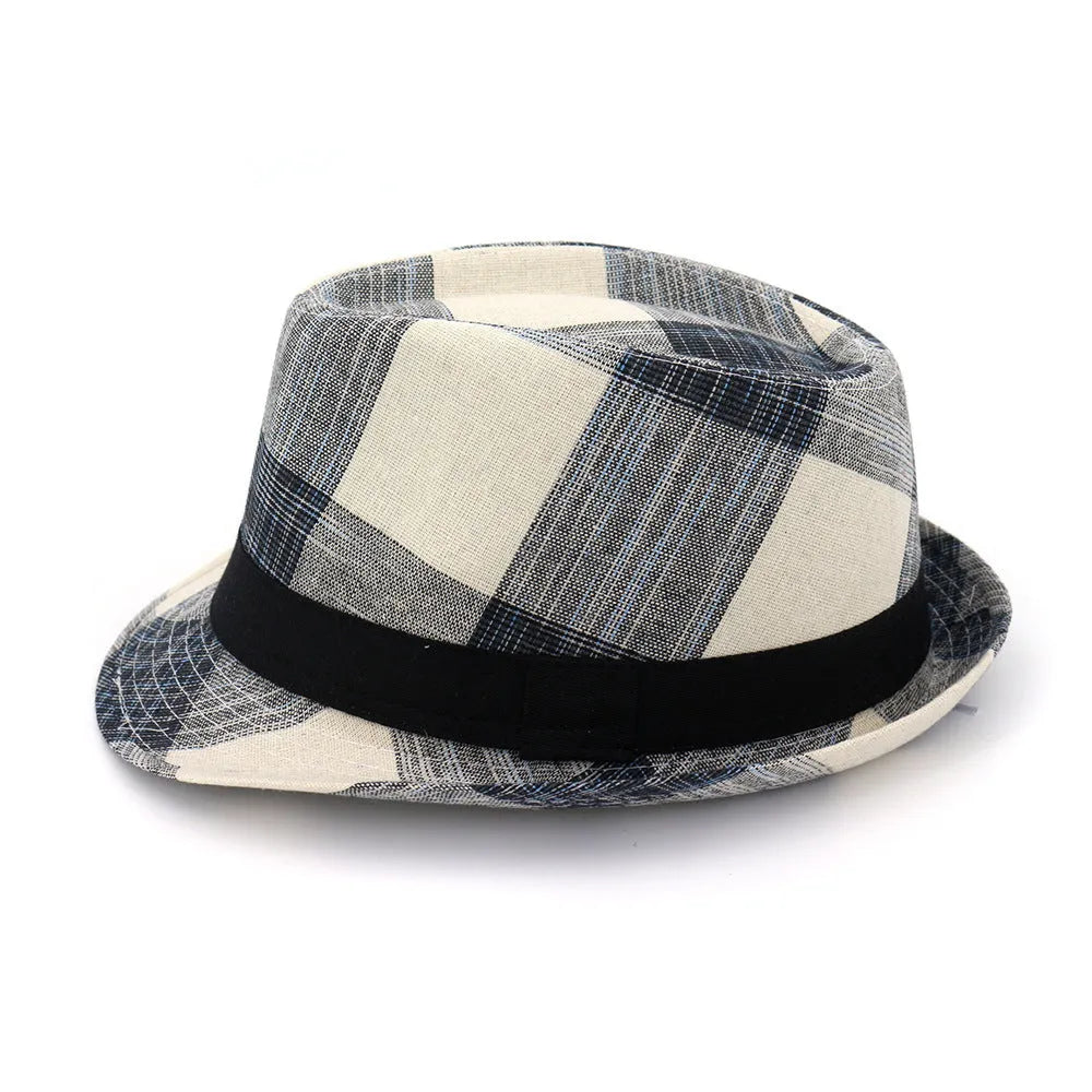 Blue and black polyester straw sun hat with bell crown for outdoor travel sun protection.