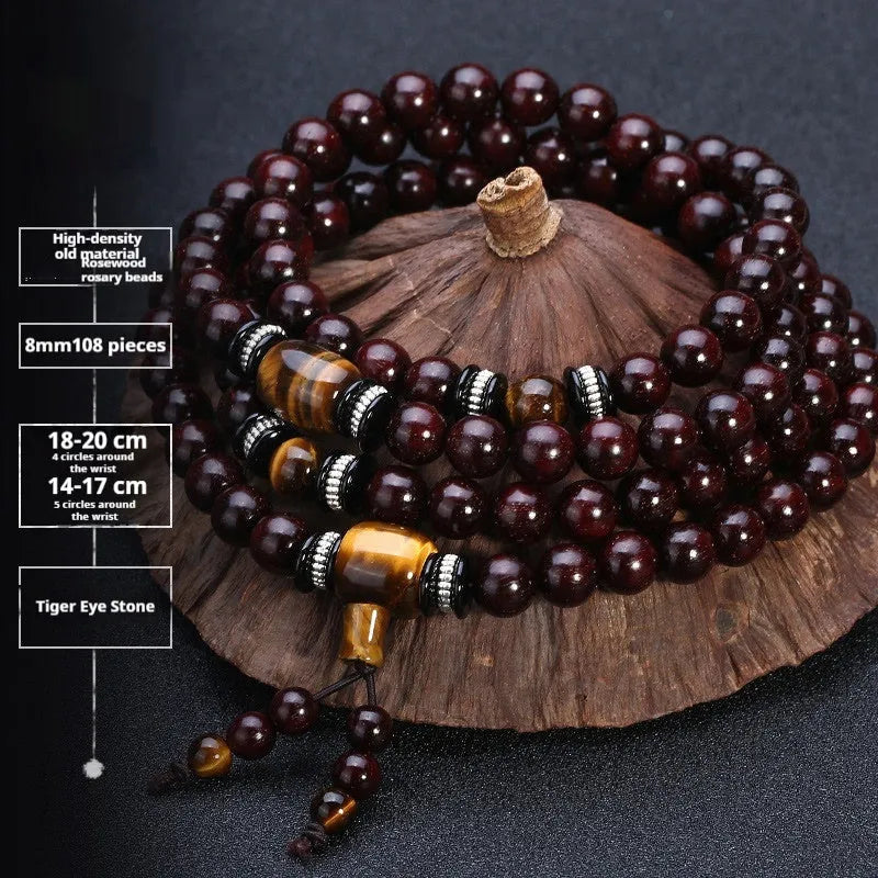 Men's traditional rosewood bracelet with 108 beads, showing lapis lazuli and turquoise accent styles.