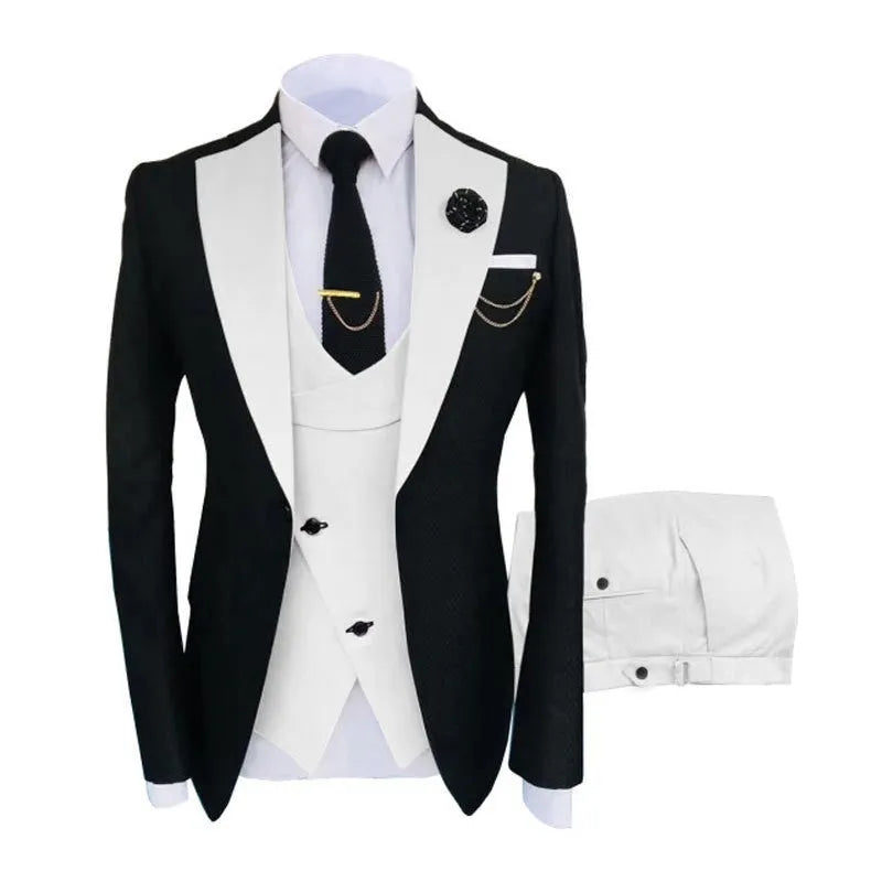 Men's slim fit three-piece business suit in black with vest coat and trousers for formal occasions