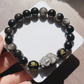 Silver stone men's bracelet with Chinese zodiac symbols and engraved proverbs on beaded design