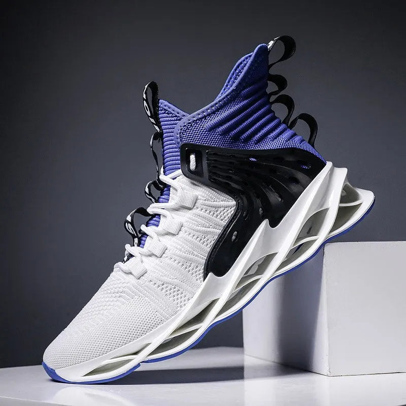 Men's flyknit blade sole mid-top sneakers in white and black colourway