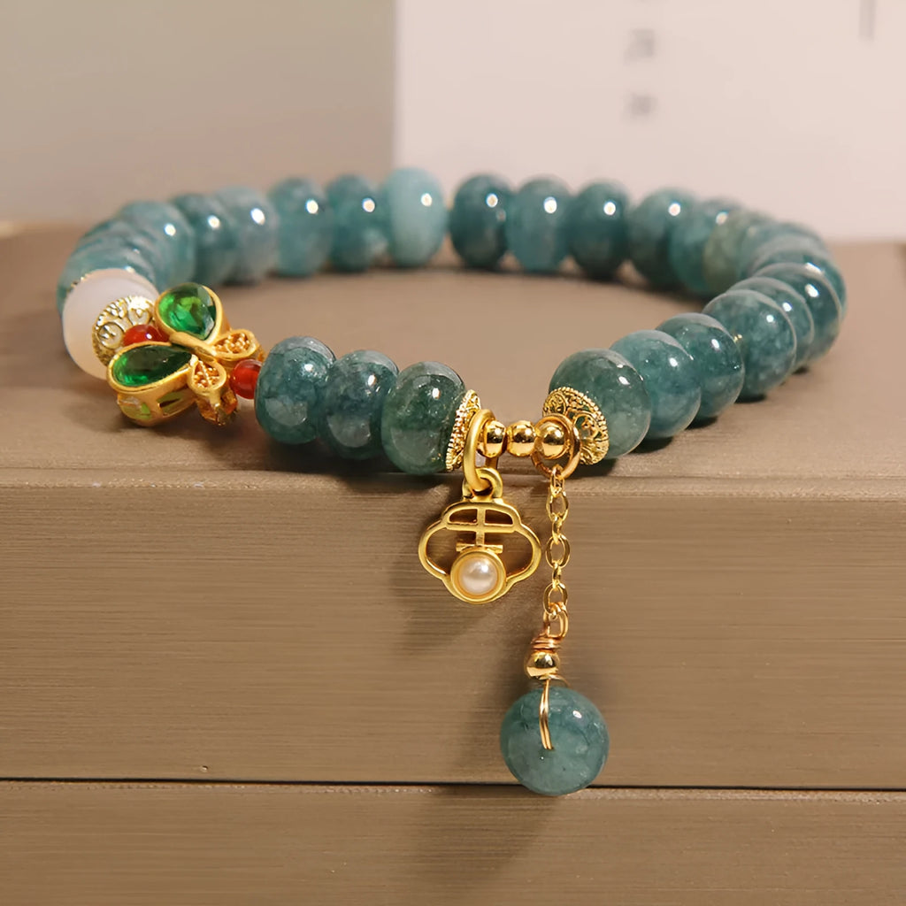 Blue water jade abacus beads crystal bracelet with white agate and alloy gemstone inlay
