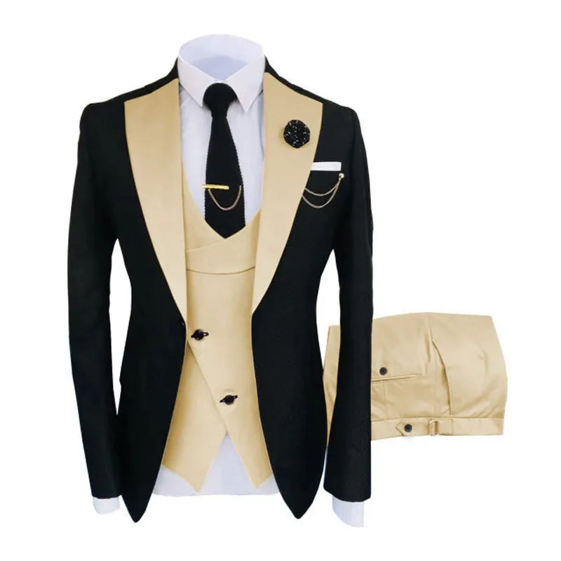 Men's slim fit three-piece business suit in black with vest coat and trousers for formal occasions