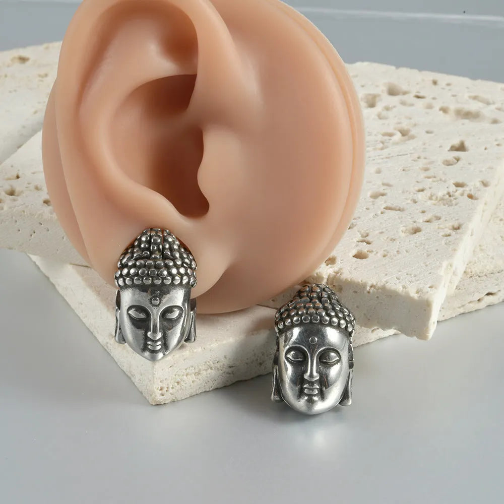 Stainless steel hollow skull Buddha geometric earrings in electroplated colours for hip hop style