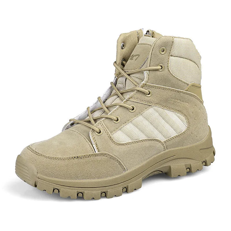 Men's black high-top hiking shoes with metal details and artificial PU upper, side view.