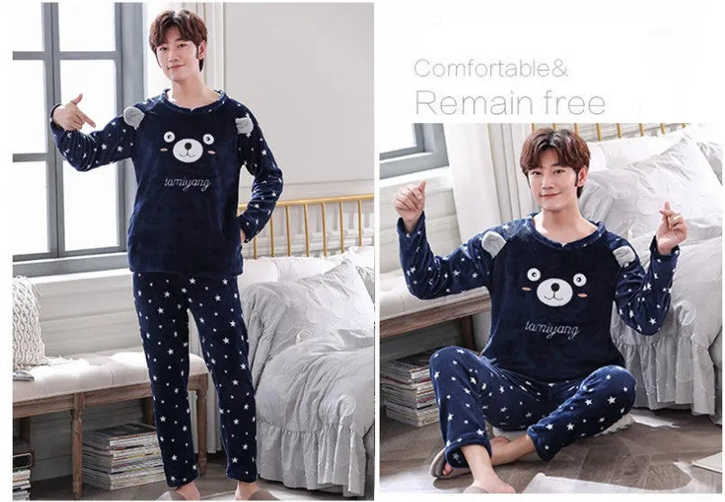 Men's coral velvet thickened flannel pajama set, long sleeve round neck top and trousers, winter sleepwear