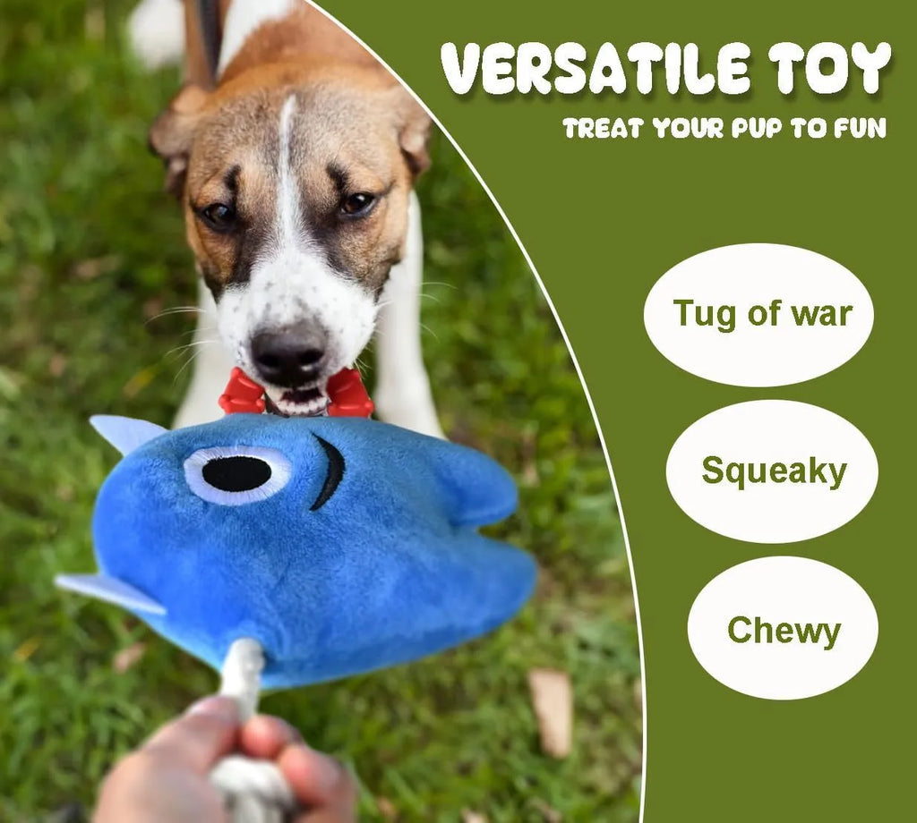 Blue and green plush dog toy with integrated cotton rope and a squeaker for chew and tug play.