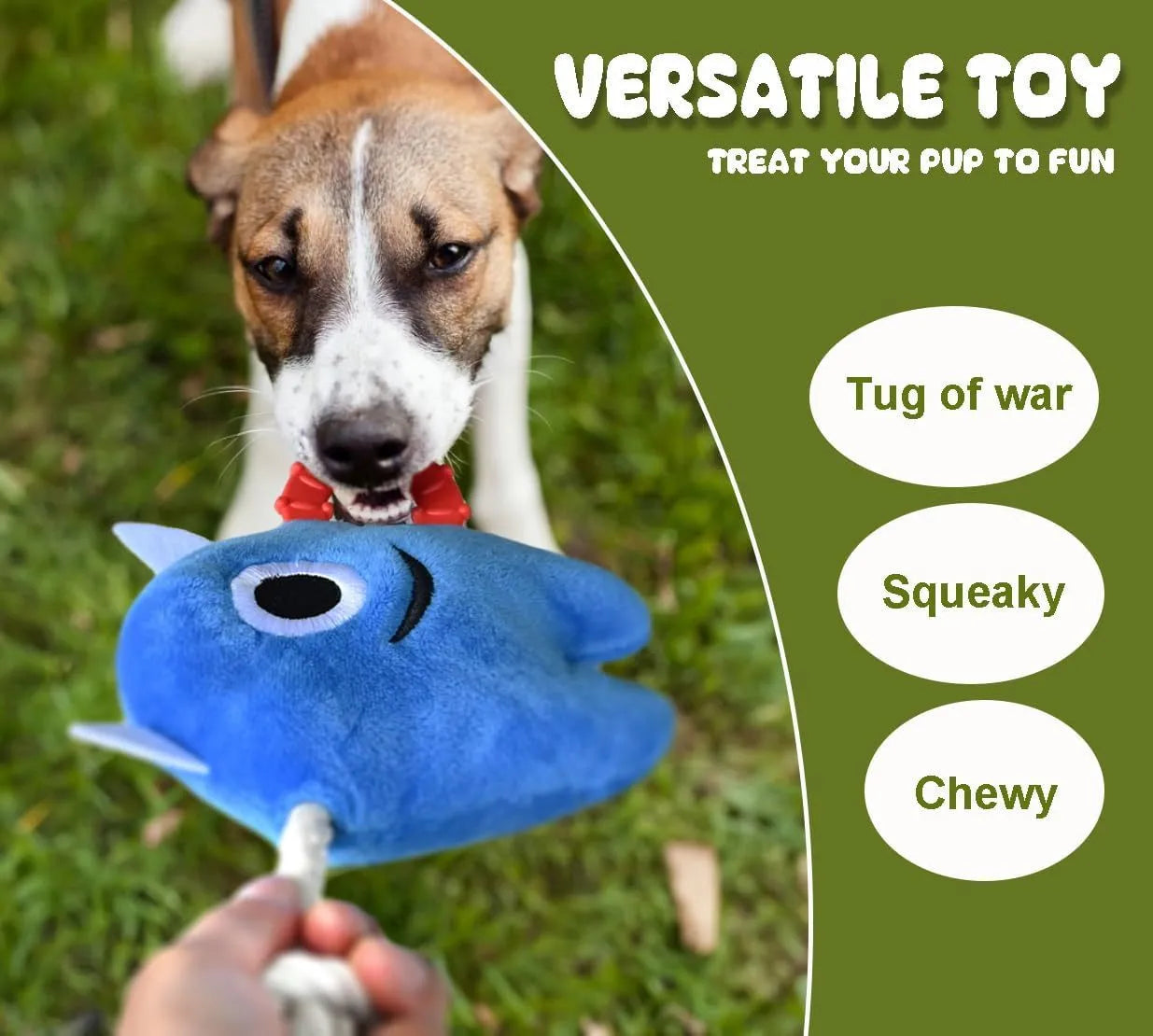 Blue and green plush dog toy with integrated cotton rope and a squeaker for chew and tug play.