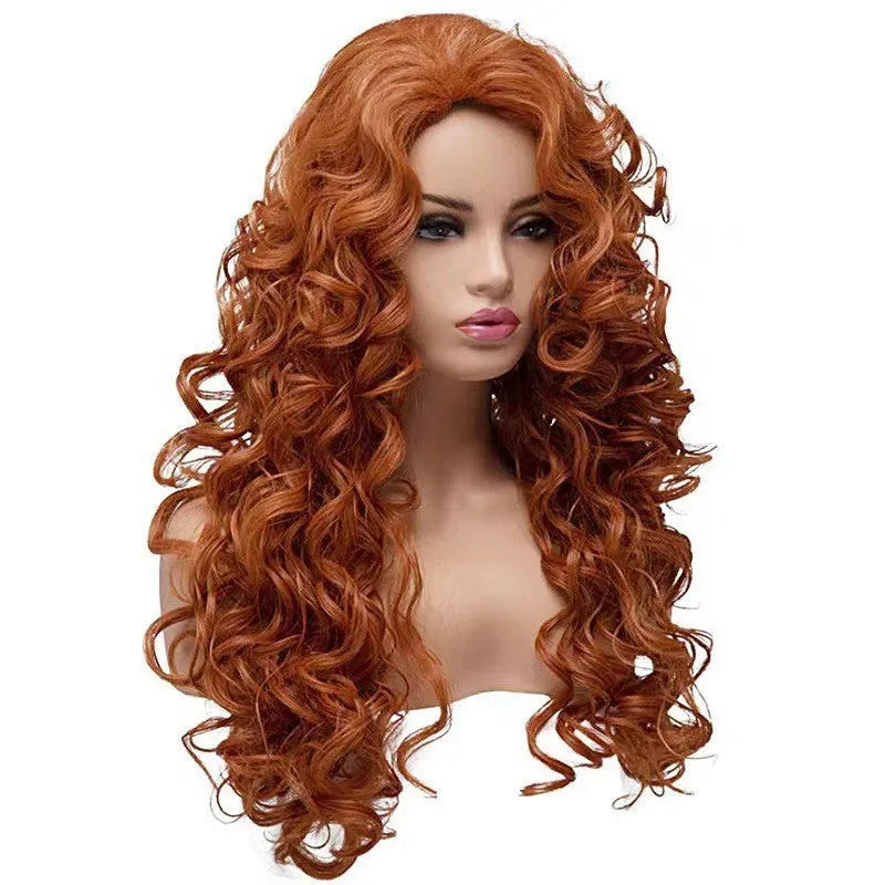 Long wavy curly brown synthetic wig with fluffy instant noodles style for cosplay.