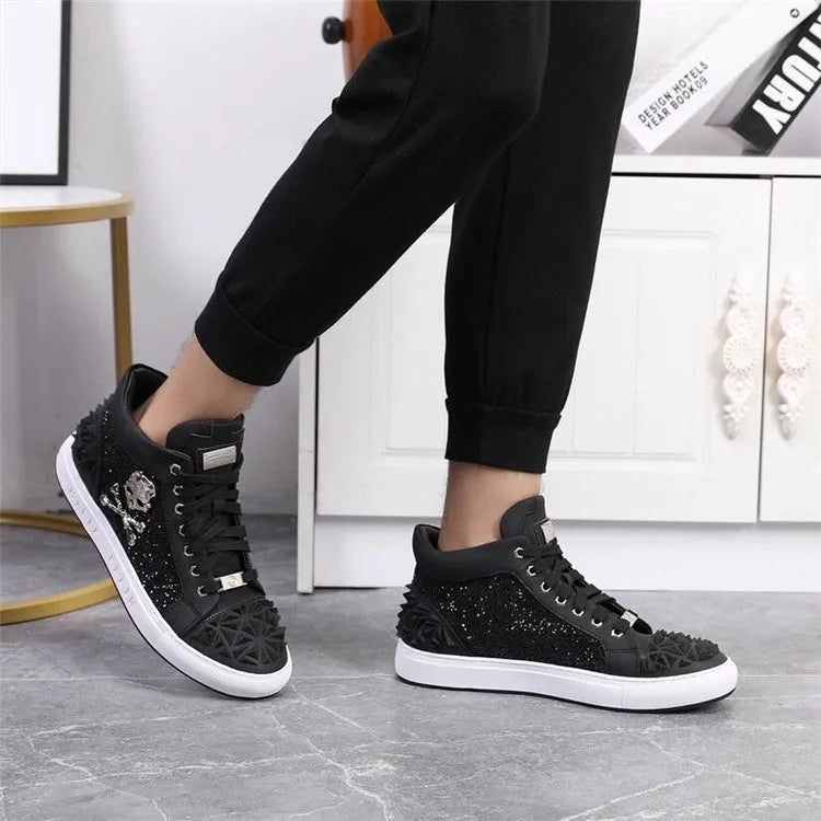 Men's genuine leather skeleton shoes in black high top design with lace-up closure