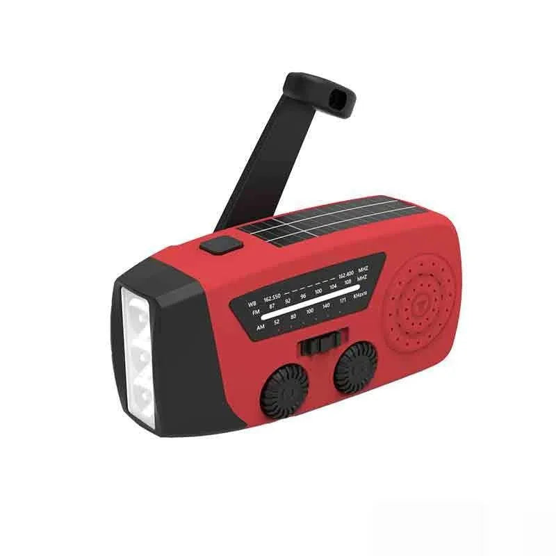 Red emergency hand radio with rechargeable torch showing dimensions and wrist strap