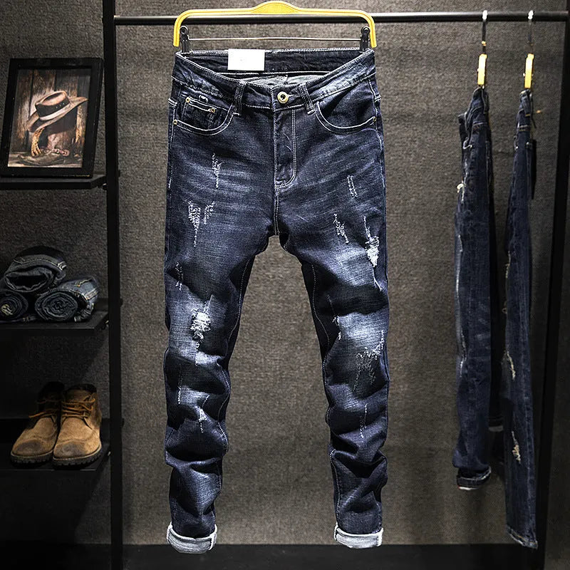 Men's slim-fit skinny jeans in dark blue denim with micro elasticity and mid-rise waist