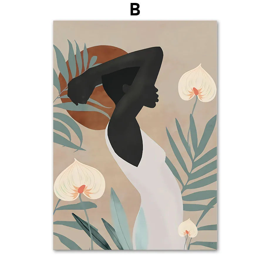 Abstract African women flower leaf mural art canvas painting spray paint on oil canvas unframed rectangular shape