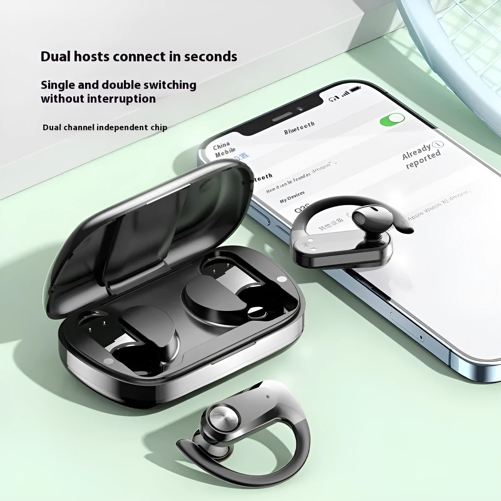 Sports running in-ear headset Q2S in black with ear hook design and digital display