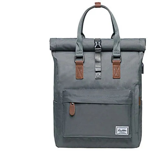Black casual polyester backpack showing front view with cover flap and adjustable shoulder straps.