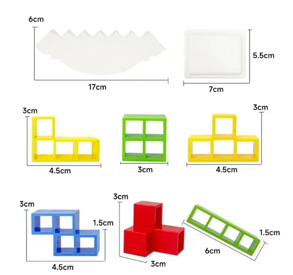 Plastic balance stacking board game with 16 coloured building blocks, chassis, and base on table.