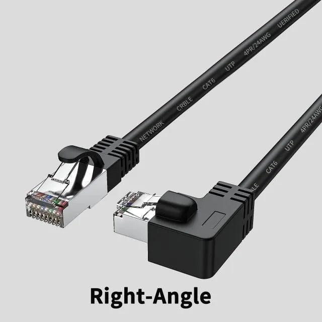 Cat6 Ethernet cable with right-angled metal RJ45 connectors in various colours including black, white, orange, and yellow.