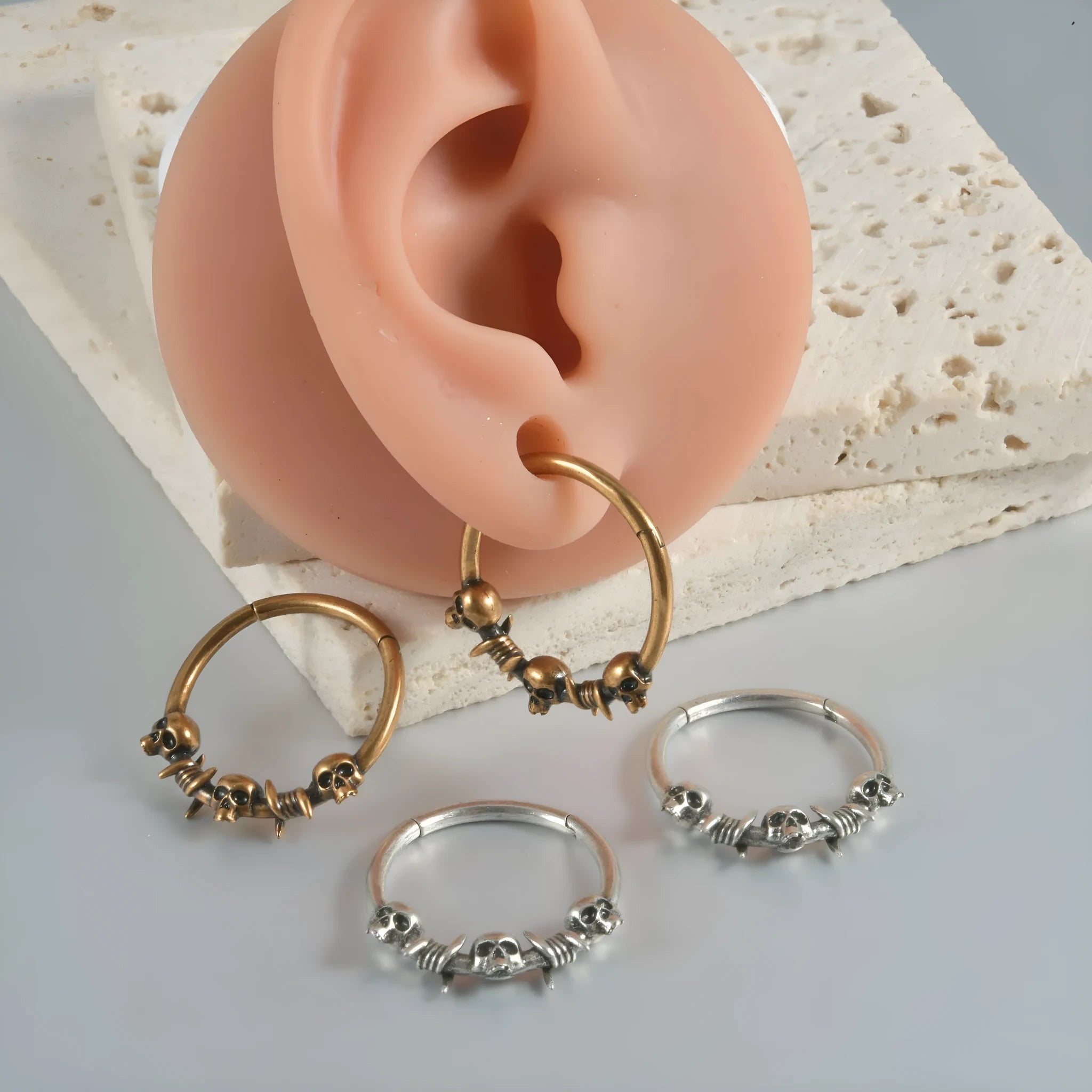 Copper vintage punk earrings with ghost head charms in antique silver or ancient gold finish.