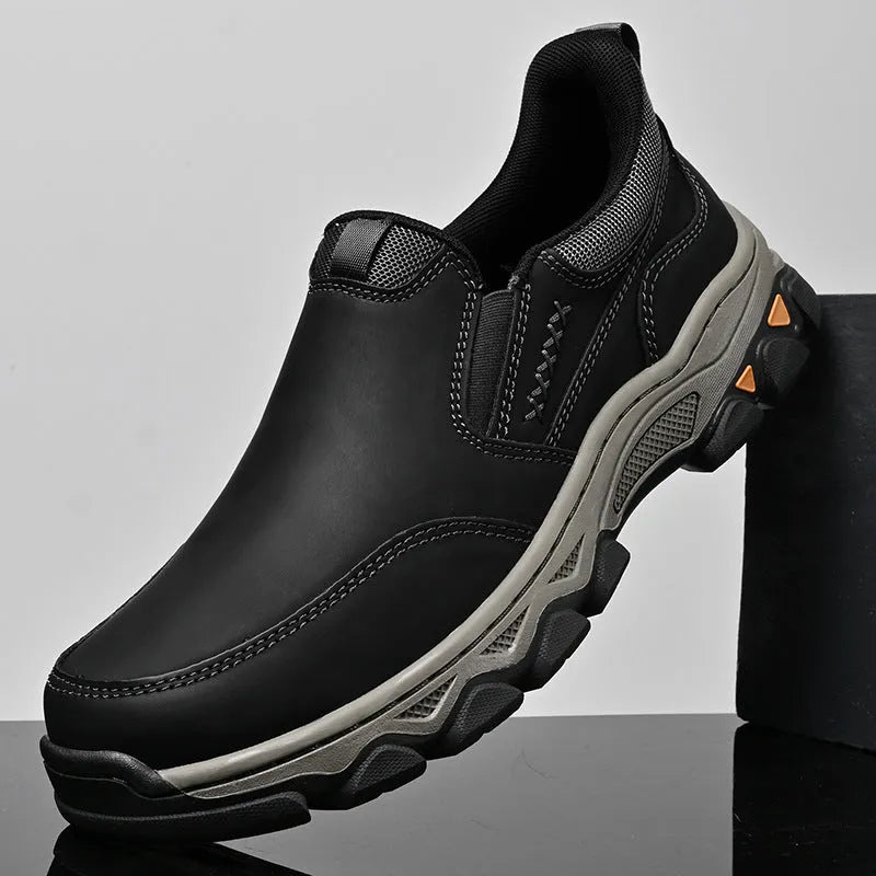 Men's casual leather-style shoes with rubber soles in black, brown and grey colours