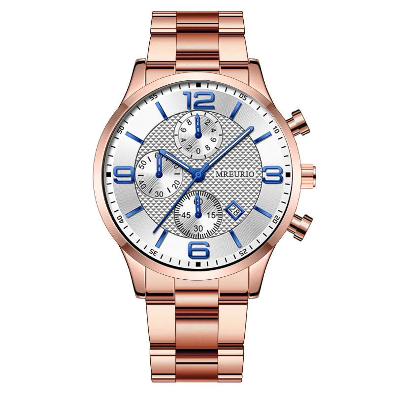 Fashion Numbers men's watch with three-eye calendar chronograph, black dial, silver hands, leather strap