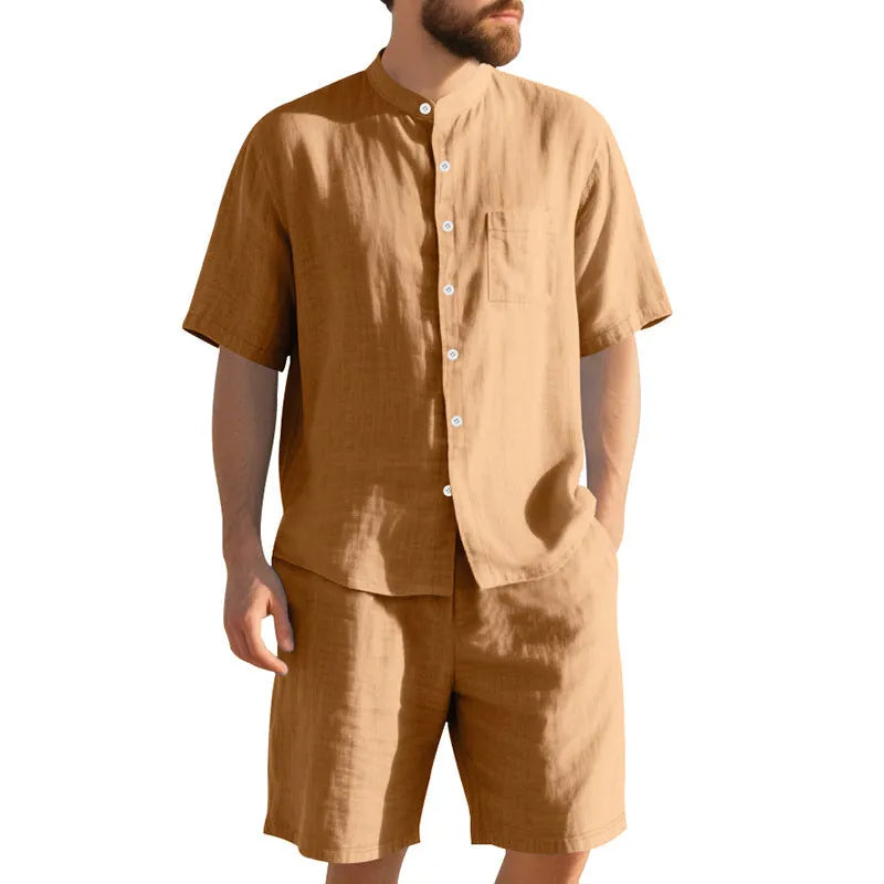 Men's linen blend summer suit with Henry collar, short sleeves and matching shorts in army green