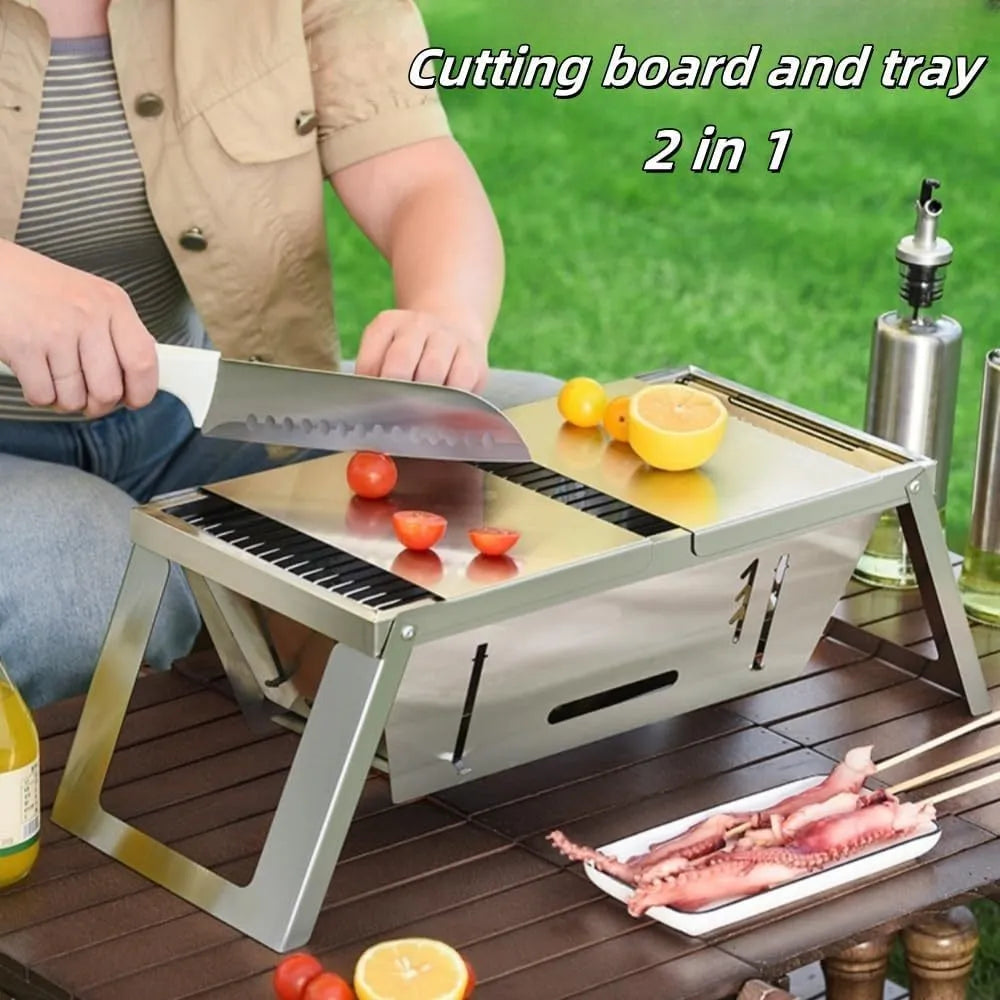 Small foldable portable charcoal grill showing compact folded design for outdoor cooking