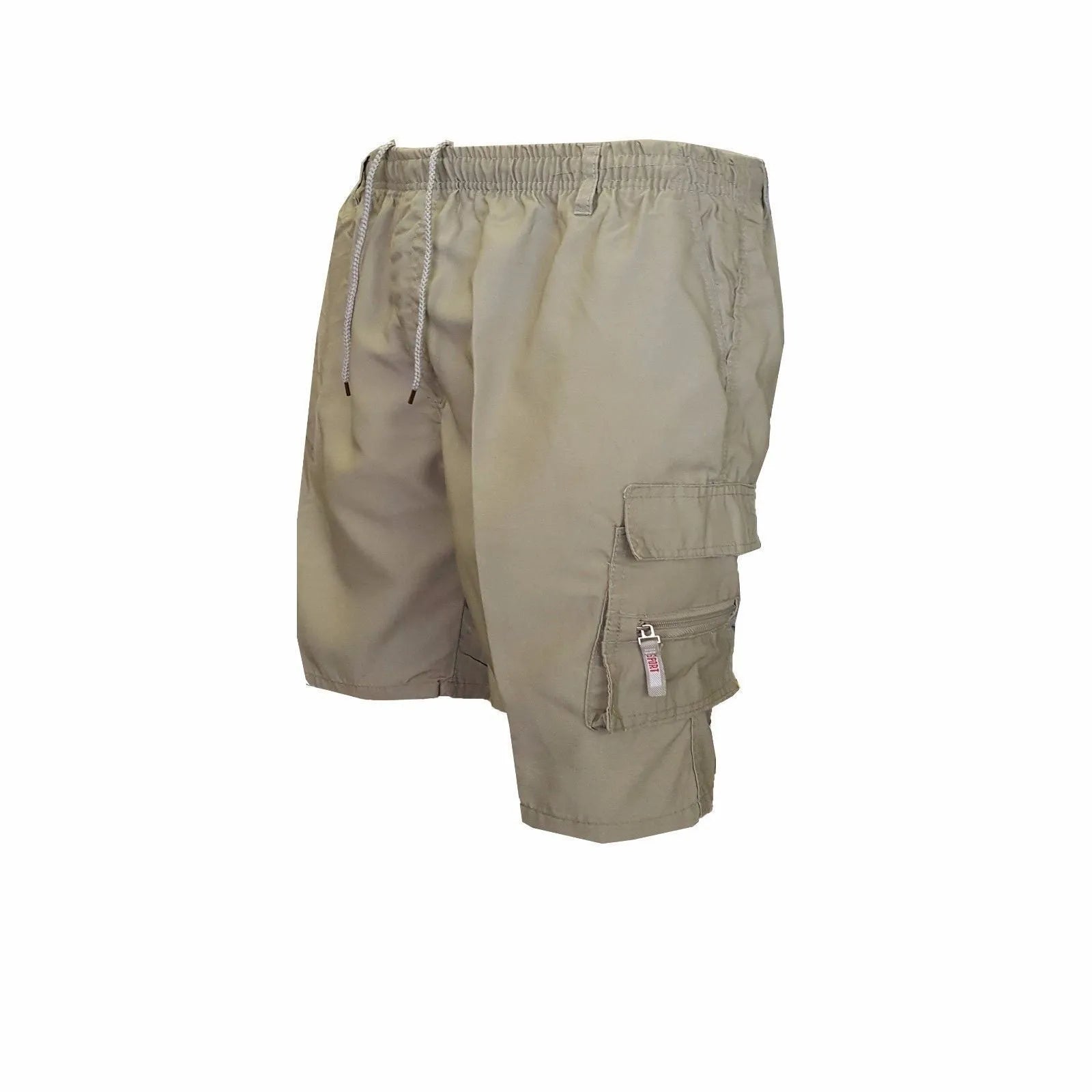 Men's khaki-coloured loose-fit cotton casual shorts with a drawstring waist and multiple pockets.