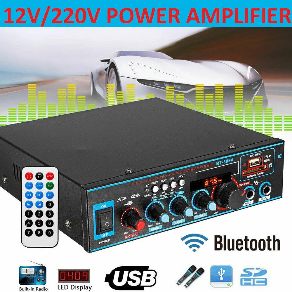 Black BT-309A-A Bluetooth power amplifier with recording function and dual voltage operation