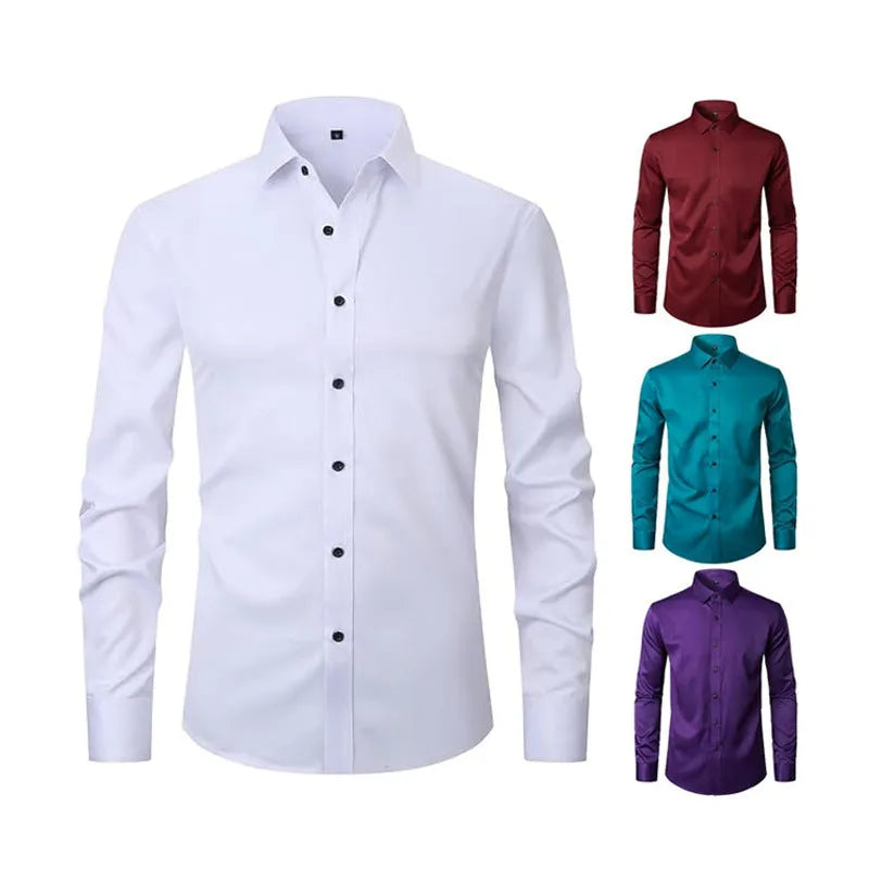 Men's long sleeve stretch work shirt in polyester fabric showing front view