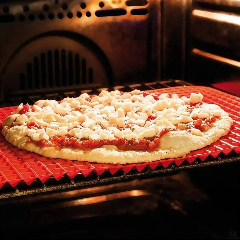 Red silicone pyramid grid cooking mat for oven and BBQ use