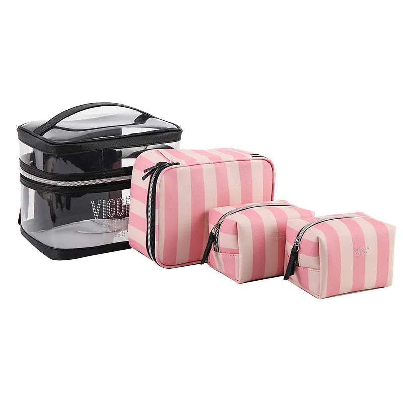 Pink bold stripes buggy bag makeup kit with floral pattern and synthetic leather construction