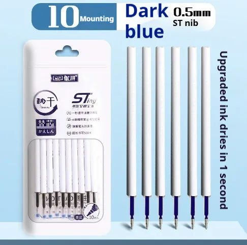 Pack of 10 quick-drying bullet gel pen refills in black, red, blue, and ink blue colours.