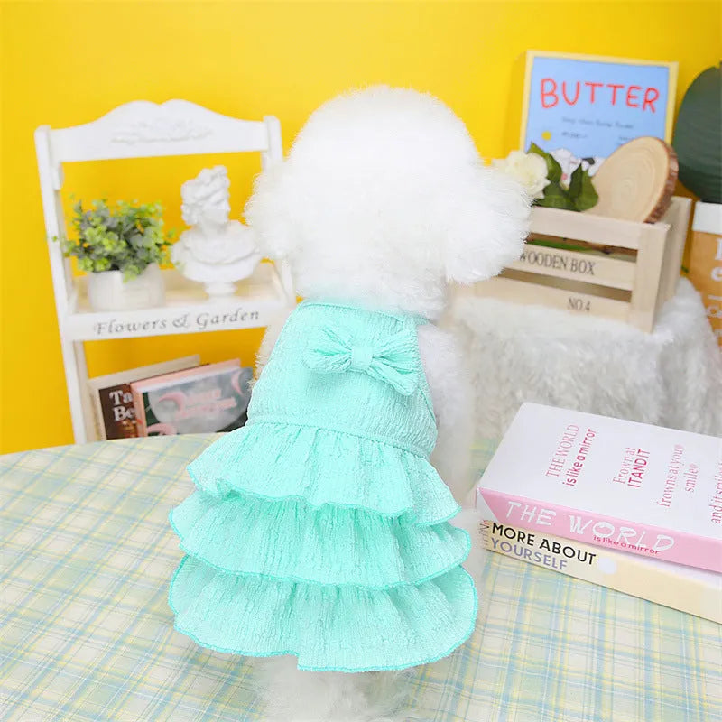 Small dog wearing rose red princess dress with layered skirt candy theme