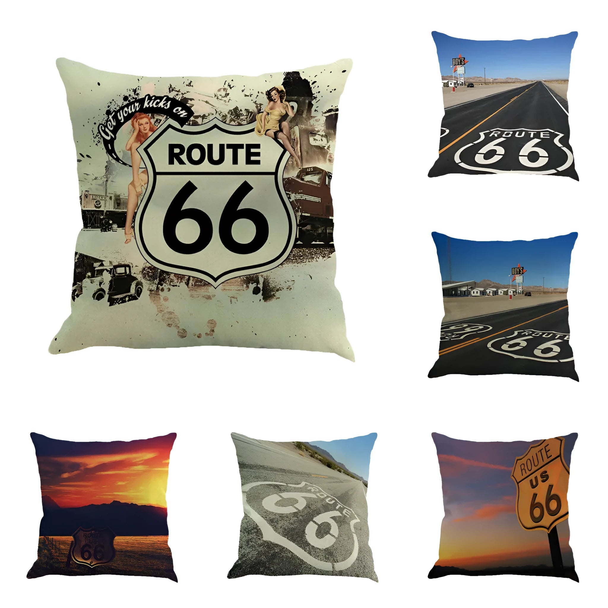 Linen cushion cover with US Route 66 scenic landscape print, shown in one of six available colours.