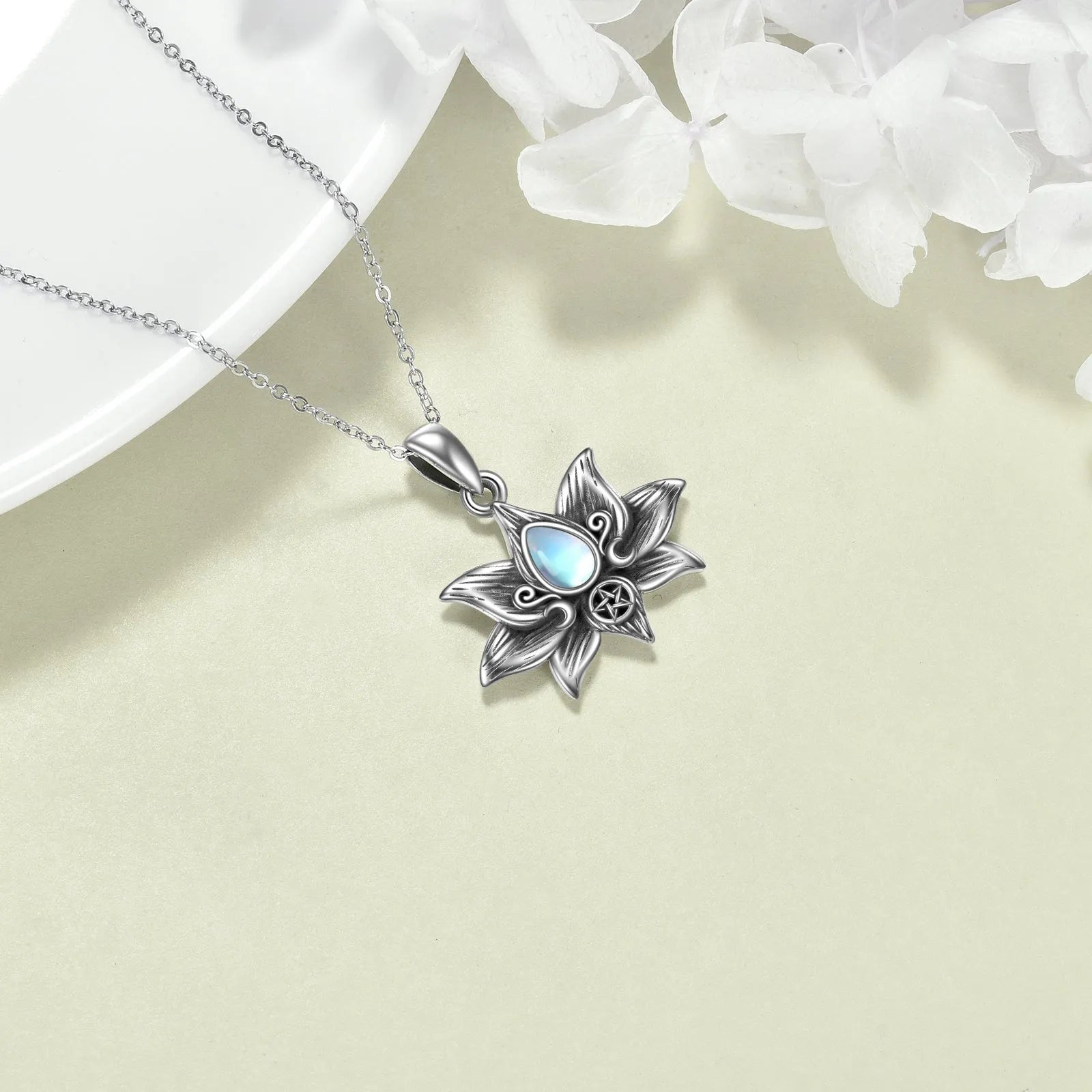 Sterling silver moonstone lotus flower pendant necklace, retro silver finish, teardrop moonstone, calendered O-chain