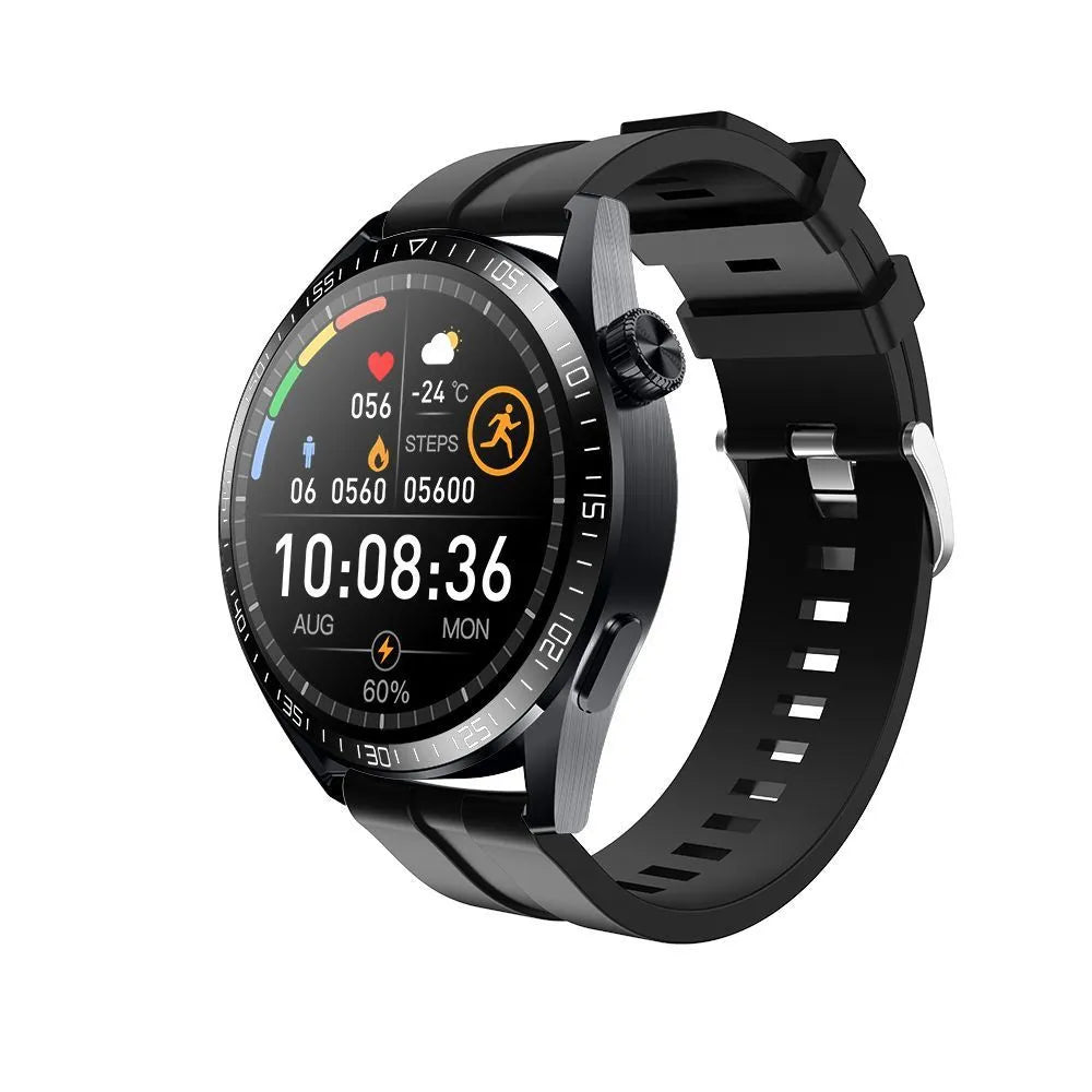 Black smart watch with 1.35 inch screen on a silicone strap, showing health metrics and call interface