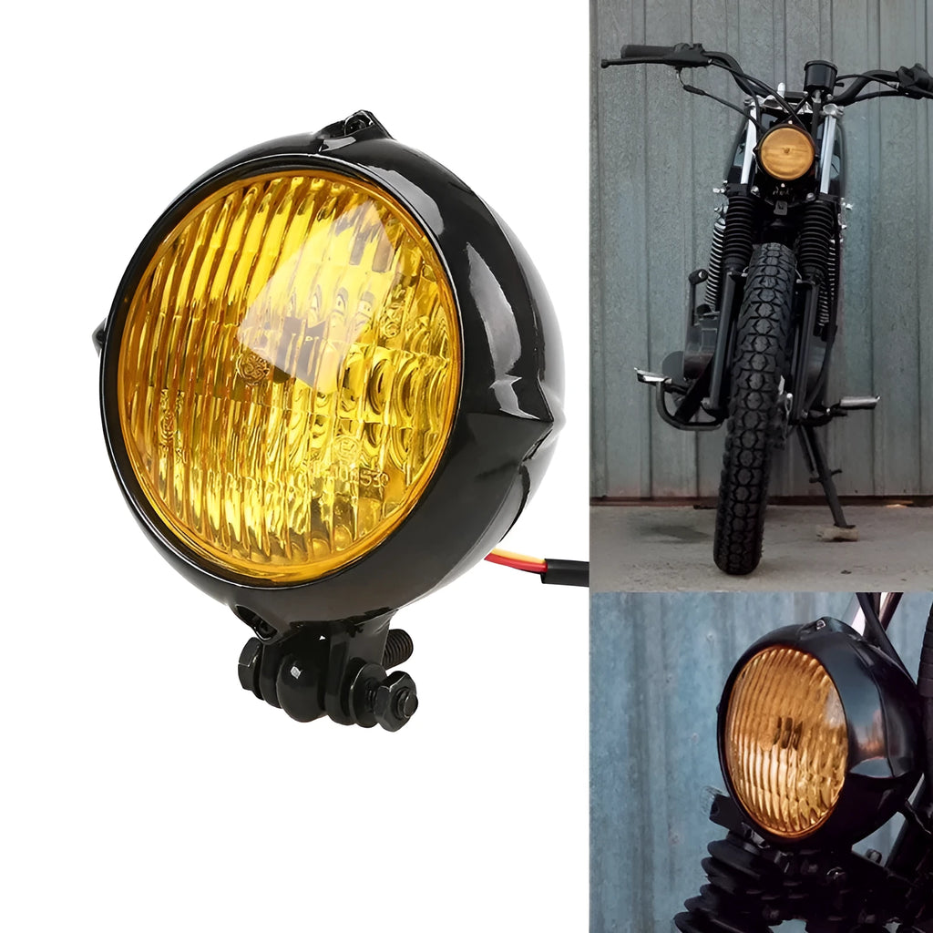Black electroplated Harley motorcycle headlights with 8cm aluminium housing and yellow halogen bulb