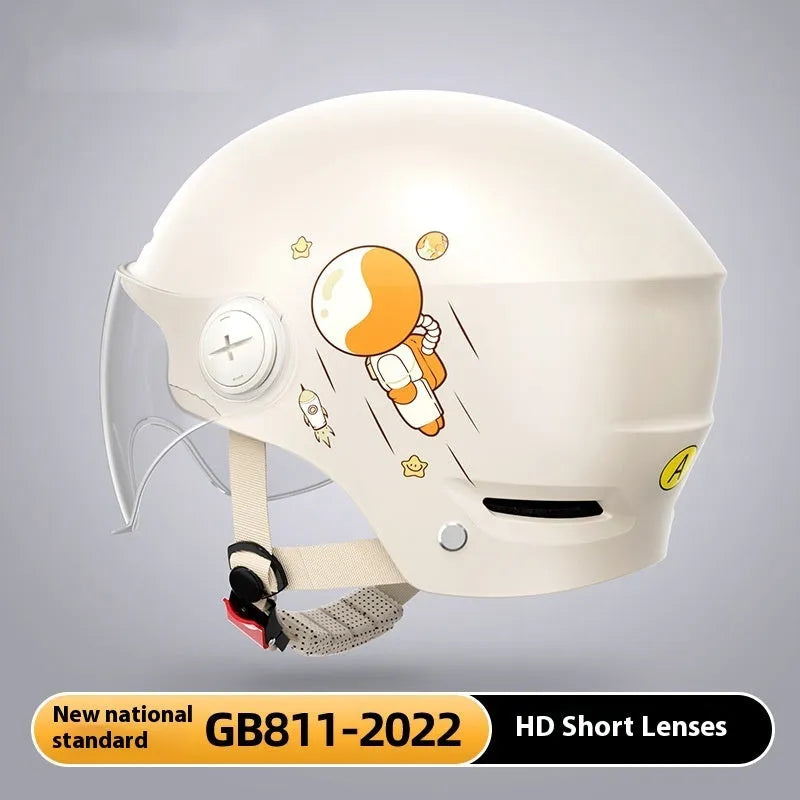 Khaki coloured motorcycle half helmet with a long visor on a solid background.