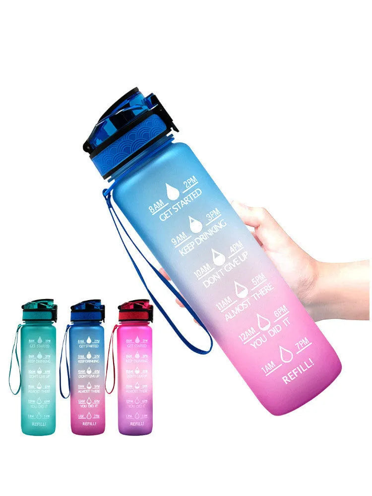 Transparent BPA-free Tritan sports water bottle 1000ml with infuser, clear design, kawaii style, 29.5cm height
