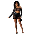 Women's hollow-out two-piece dress set with sleeveless top and short skirt in polyester fabric