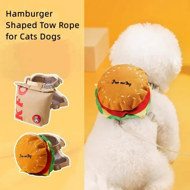 Adjustable pet vest leash with cartoon hamburger design, shown on a dog.