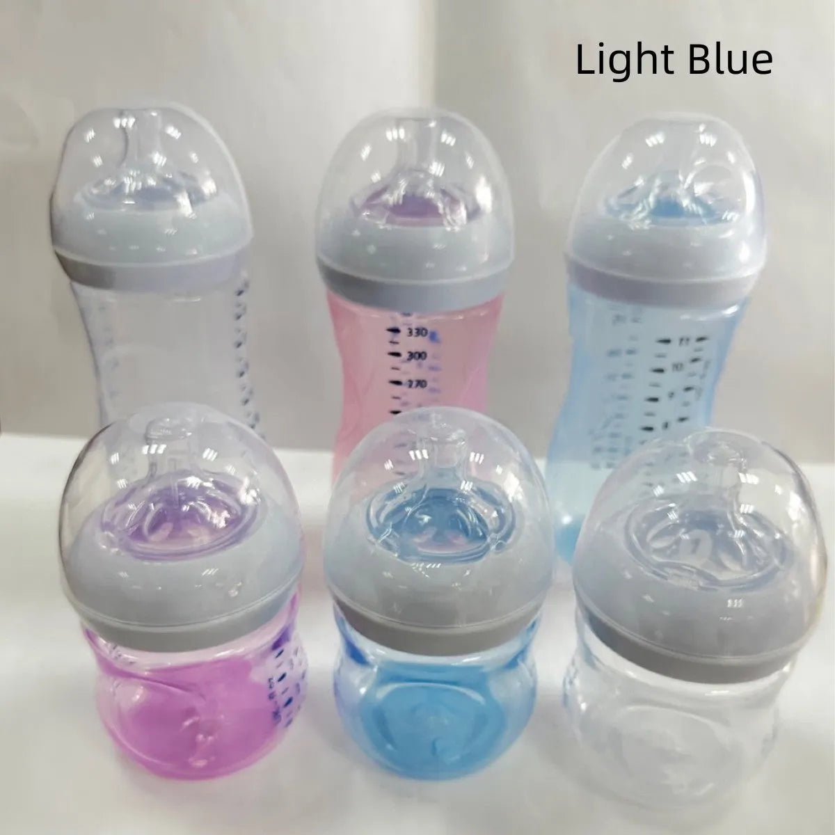 Baby petal nipple feeding bottle 125ml and 330ml, transparent pink purple light blue, no handle
