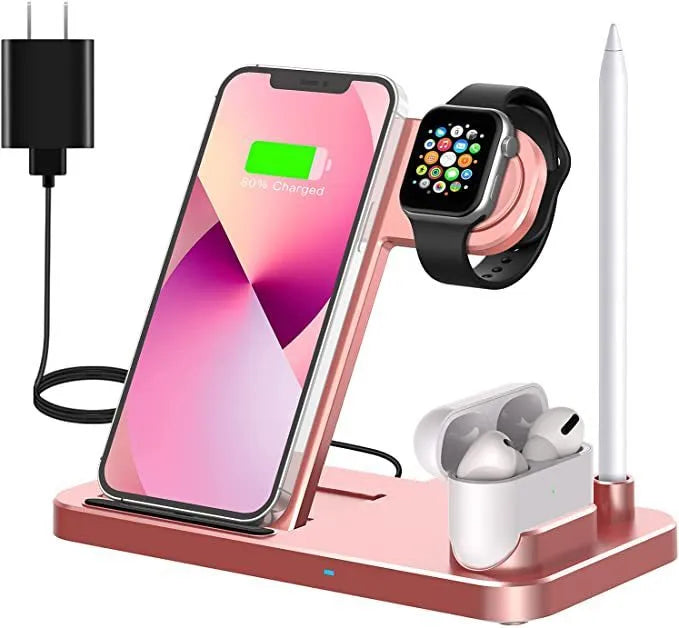 Black folding 4-in-1 wireless charger showing vertical stand mode charging an iPhone, with an Apple Pencil on its charging spot.